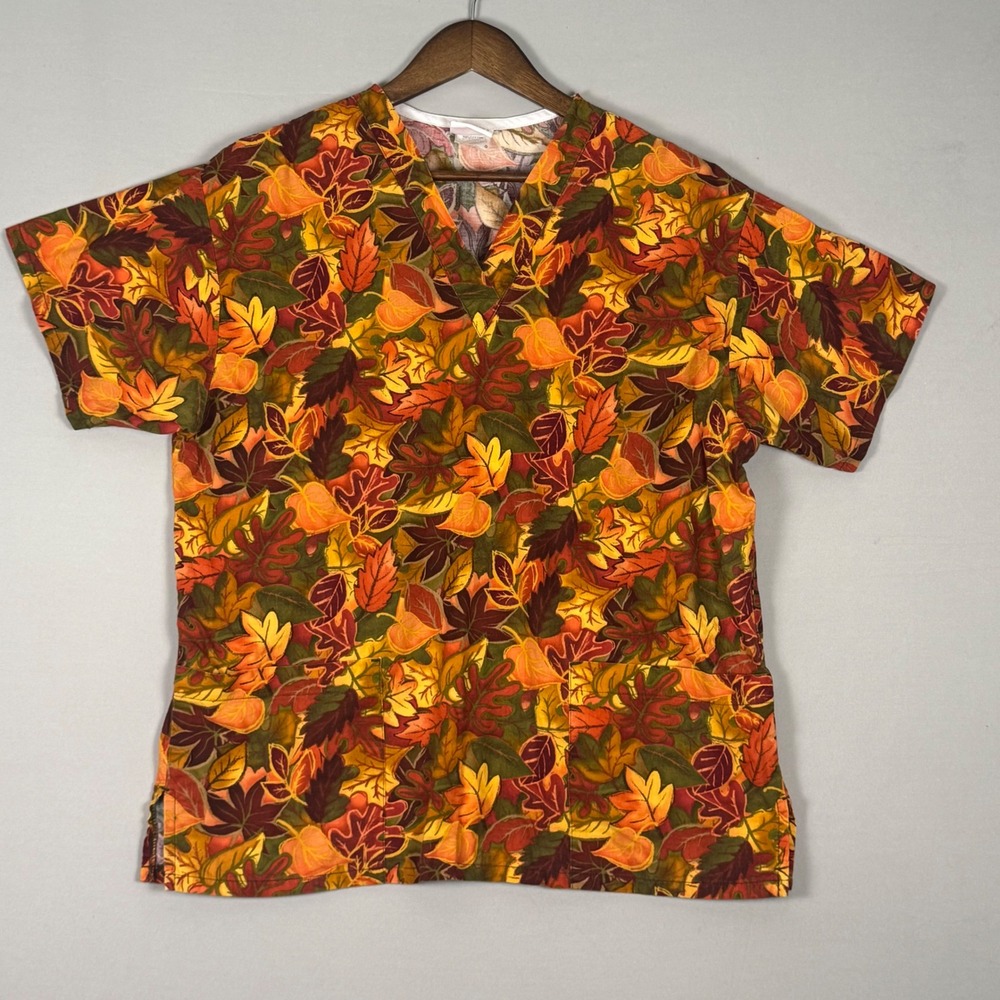Peaches Scrub Top Women Medium Orange Fall Leaf Print Vintage V-Neck Excellent